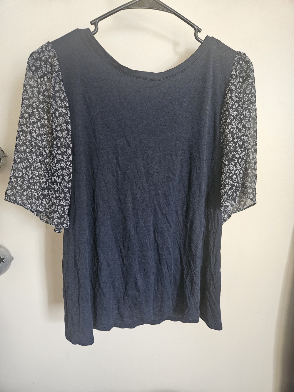 Women's Navy Top with Floral Sheer Sleeves